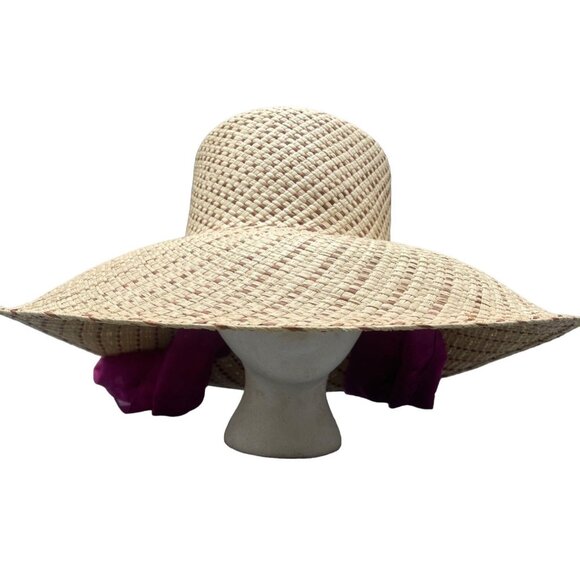 hand woven straw sun wide rim hat headband purple scarf in Ecuador brown 7\